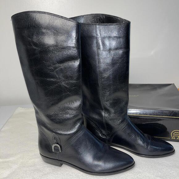 Etienne Aigner Black Leather Almond Toe Tall Riding Boot, Vintage 6.5M - Picture 1 of 12